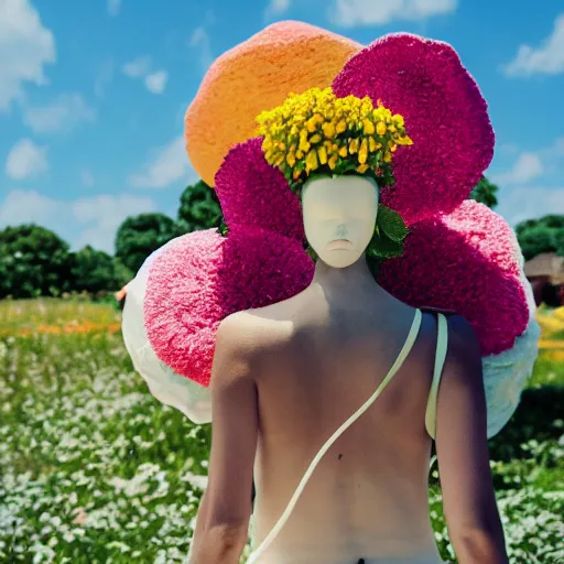 Image similar to giant flower head, woman walking, surreal photography, cinematic, blue sky, symmetry, detailed, bright, retro, wes anderson