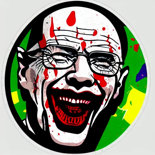 Image similar to die cut sticker, walter white laughing like the joker, splatter paint