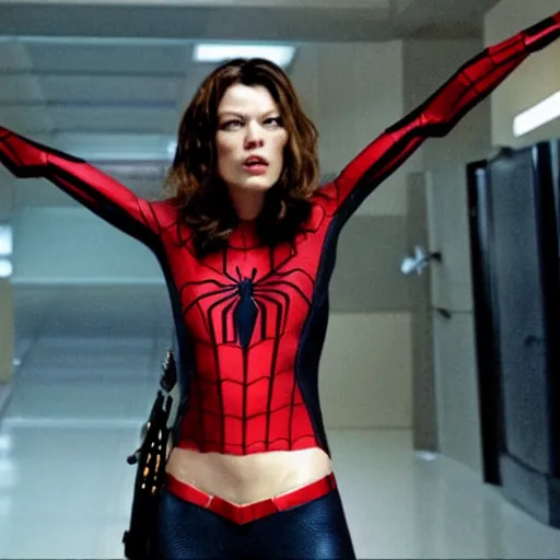 Image similar to Mila Jovovich as spiderwoman , film still, best scene,