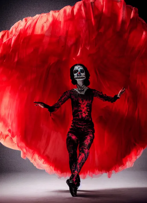 Prompt: a Photorealistic dramatic hyperrealistic render of a glamorous beautiful Mexican Catrina smoke dancer wearing red by Ken Brower and Deborah Ory of NYC Dance project,Lois Greenfield,Flowing cloth and smoke,Beautiful dynamic dramatic dark moody lighting,volumetric,shadows,cinematic atmosphere,Octane render,8K