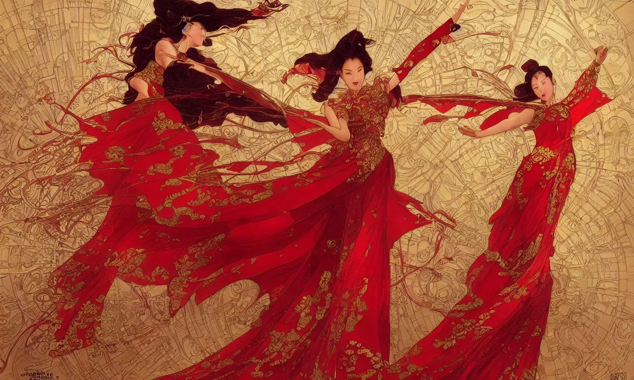 Image similar to chinese princess, dance, fairy, beautiful, stunning, red and gold dress, spinning in the sky, by stanley artgerm lau, greg rutkowski, victo ngai, alphonse mucha, loish, norman rockwell