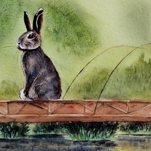 Prompt: a rabbit standing on a bridge, fishing, realistic watercolour