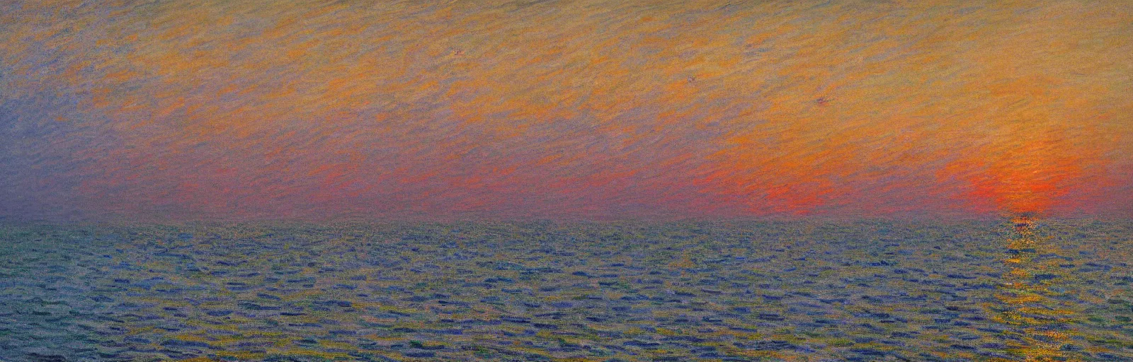 Image similar to An aesthetically pleasing, dynamic, energetic, lively, well-designed digital art of the ocean at sunset, light and shadow, by Claude Monet, superior quality, masterpiece, excellent use of negative space. 8K, superior detail.