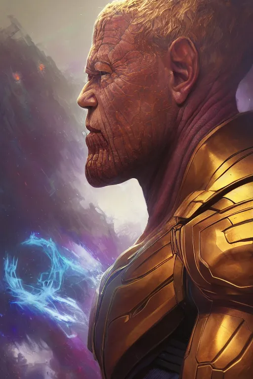 Image similar to Portrait of Mark Zuckerberg as Thanos, marvel comics, dark, intricate, highly detailed, smooth, artstation, digital illustration by Ruan Jia and Mandy Jurgens and Artgerm and Wayne Barlowe and Greg Rutkowski and Zdislav Beksinski