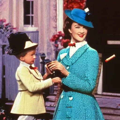 Image similar to Mary Poppins (played by Julie Andrews) handing children cigarettes and a zippo lighter, colorized