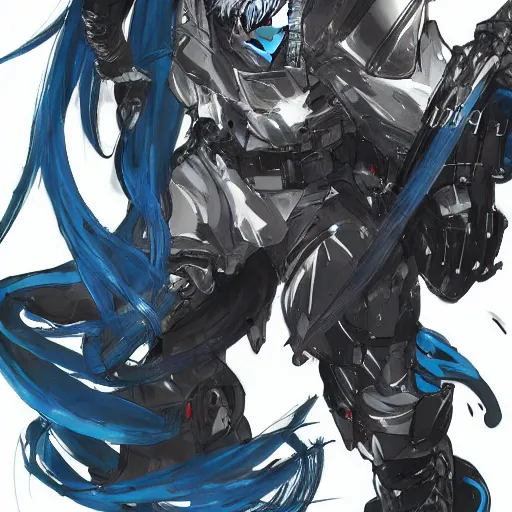 Image similar to An anime man with long, blue hair, wearing steel armor, drawn by Yoji Shinkawa highly detailed, trending on art station, sci-fi themed, dynamic posing