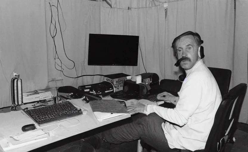 Image similar to man sitting facing away, working in low lit radio booth, one single lamp, dingy, colour film, keyboard, door to lab, sweaty, tannoy, strange