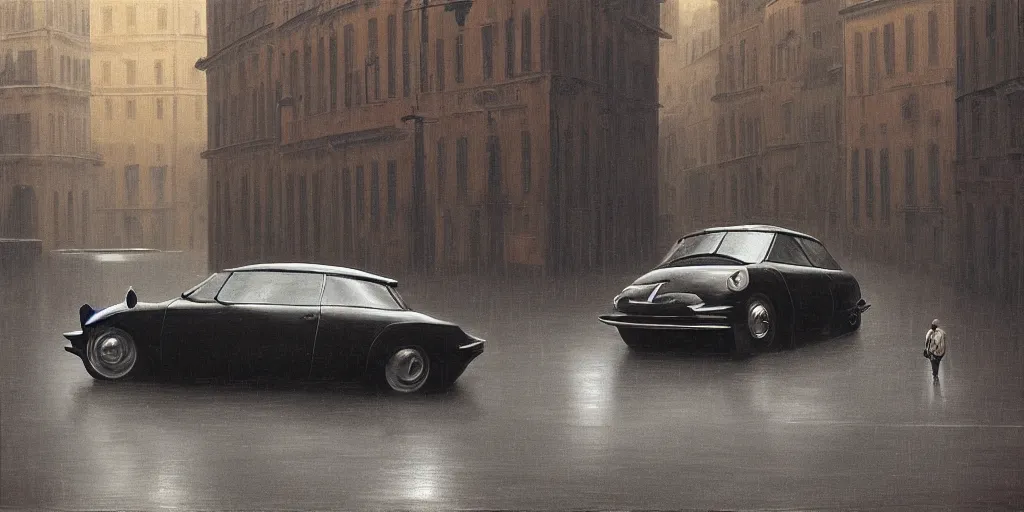 Prompt: A mysterious figure at a black 1955 Citroen DS 19 with the headlights on, parked on the side of the road in the city of Rome while it is raining, by George Tooker, moody, sinister, lighting, hyperrealistic