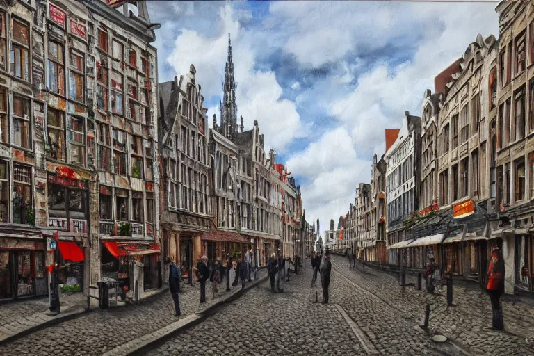 Prompt: street view of gent belgium, hyperrealism painting, wide angle, very detailed, high resolution