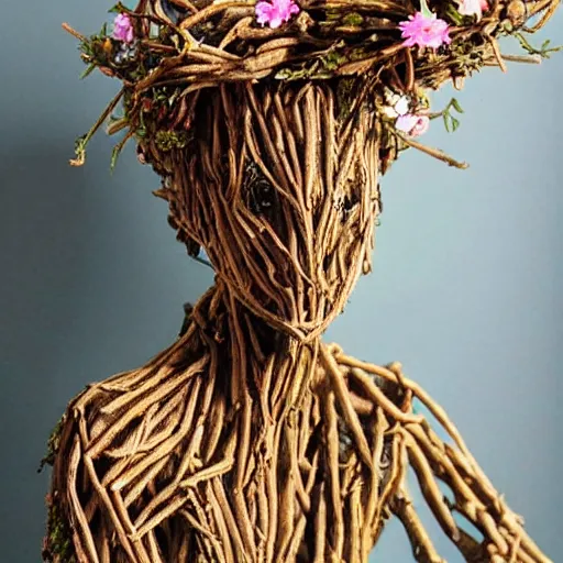 Prompt: anthropomorphic tree woman sculpture made from twigs wearing a crown made of flowers and leaves