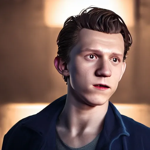 Image similar to tom holland as a rough dirty old man with a scruffy beard in a dark blue trenchcoat as the new doctor who, cinematic, volumetric lighting, f 8 aperture, cinematic eastman 5 3 8 4 film, photorealistic