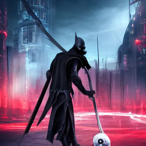 Prompt: photo of a grimm reaper with a large scythe in his hand walking in a futuristic city in a dystopian future made of electronic components and looks like a giant pcb board. Very detailed 8k. Unreal engine 5 render with nanite, global illumination and path tracing. Emphasize on the colors black and red.