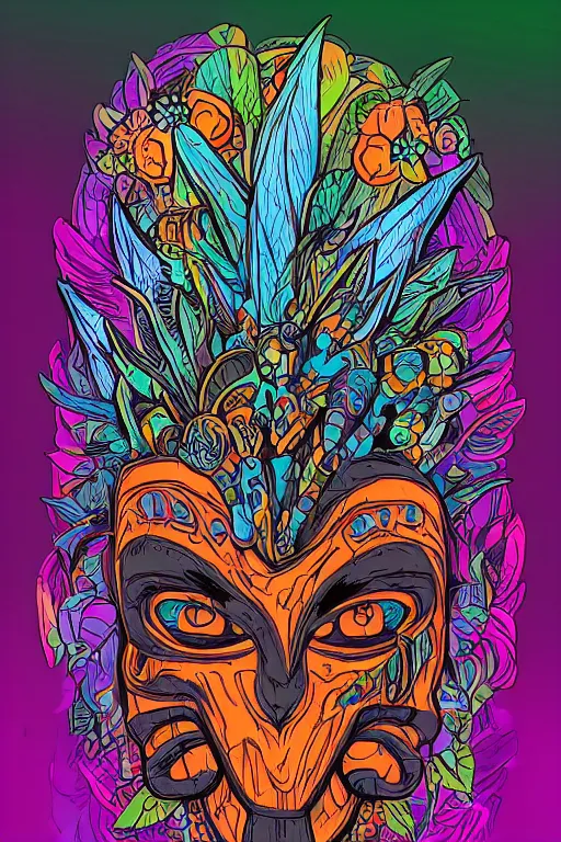 Image similar to animal mask totem roots flower tribal feather gemstone plant wood rock shaman vodoo video game vector cutout illustration vivid multicolor borderlands comics by josan gonzales and dan mumford radiating a glowing aura