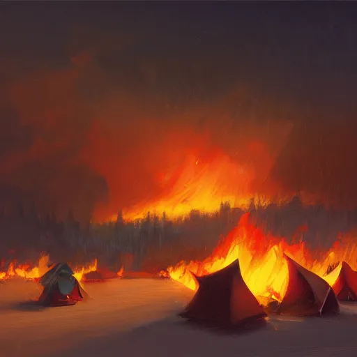 Image similar to a camp with tents on fire, burning down, shadows of 3 girls watching the camp burn, snow, dusk, painted by Sylvain Sarrailh, trending on Artstation