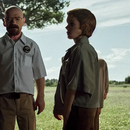 Prompt: A still of Walter White as Eleven in Stranger Things