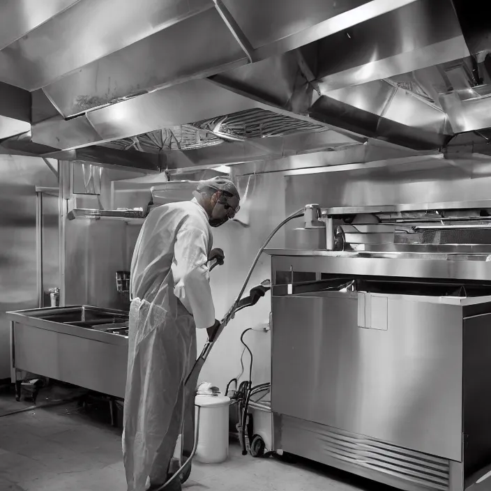 Image similar to a man standing in a restaurant kitchen, he is by the fryers and using a pressure washer to spray wash the exhaust duct that is overhead and above the fryer vat, canon eos c 3 0 0, ƒ 1. 8, 3 5 mm, 8 k, medium - format print