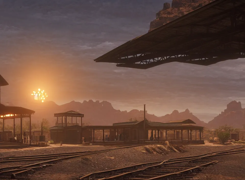 Prompt: a train station as red dead redemption 2 concept art, historical setting, desert environment, serene lighting, atmospheric, cinematic, gorgeous, in the style of diego koi, gina heyer, luiz escanuela, art by alyssa monk, hyperrealism, rule of thirds, golden ratio, oil on canvas, 8 k