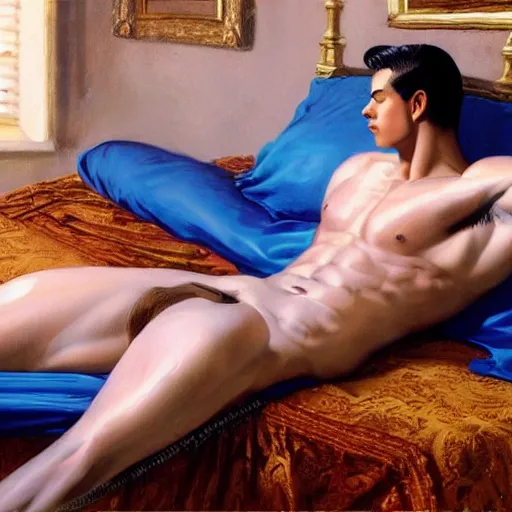 Image similar to photo shot of oiled up glossy 1 8 y. o. muscular genie with blue skin, posing in bed, morning sunlight, greek, dramatic, romantic, detailed, realistic, in style of j. c. leyendecker