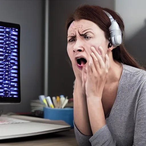 Image similar to A woman yells at her computer out of fear due to his anxiety about the current development of AI-generated graphics and the possibility of imminent job loss.