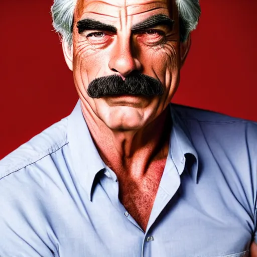 Image similar to The Lovechild of Tom Selleck and Sam Elliott, real life, hyperrealistic, ultra realistic, realistic, highly detailed, epic, HD quality, 8k resolution, body and headshot, front facing, front view, headshot and bodyshot, detailed face, very detailed face