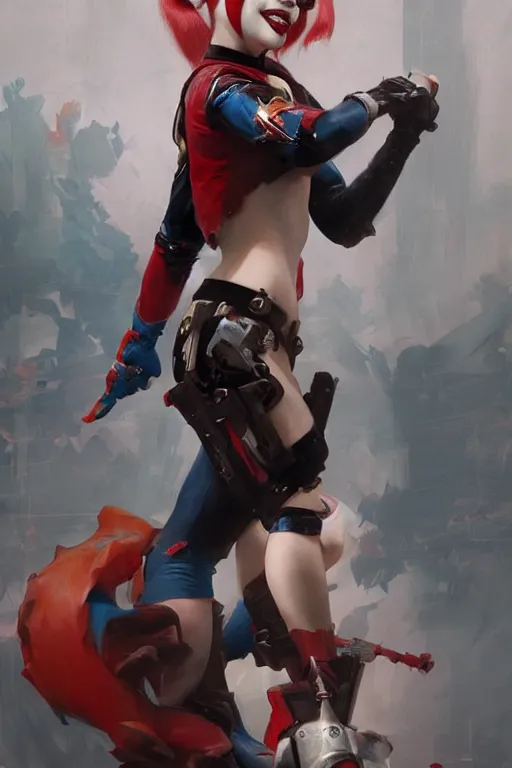 Image similar to Harley Quinn, dc comics, Warhammer 40000, digital art from artstation by Ruan Jia and Mandy Jurgens and Artgerm and william-adolphe bouguereau