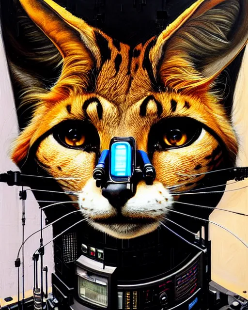 Prompt: a portrait of an anthropomorphic cyberpunk serval by sandra chevrier, by jon foster, detailed render, tape deck, epic composition, cybernetics, 4 k realistic, cryengine, realistic shaded lighting, sharp focus, masterpiece, by enki bilal