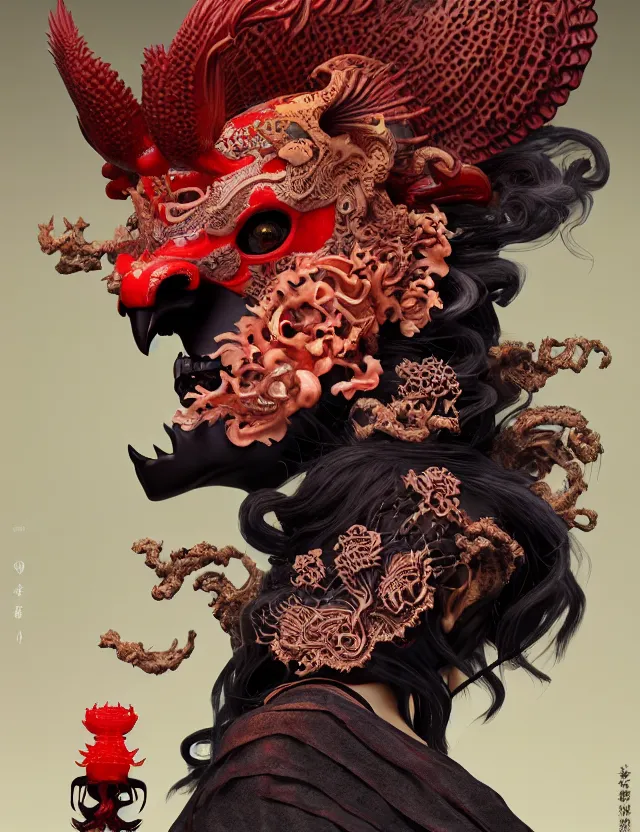 Image similar to 3 d goddess of hell close - up profile portrait with ram skull. beautiful intricately detailed japanese crow kitsune mask and clasical japanese kimono. betta fish, jellyfish phoenix, bio luminescent, plasma, ice, water, wind, creature, artwork by tooth wu and wlop and beeple and greg rutkowski