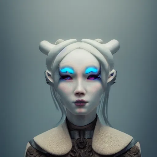 Image similar to an eerie but beautiful and feminine looking android, white mask and blue eyes, japanese geisha style, by Ash Thorp, 8k, octane render, highly detailed, moody, atmospheric