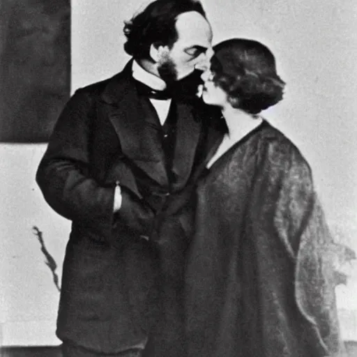 Image similar to Karl Marx and Ayn Rand kissing, portrait, photo, 1920