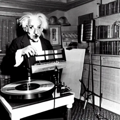 Image similar to photo of Albert Einstein DJing a phonograph, vintage