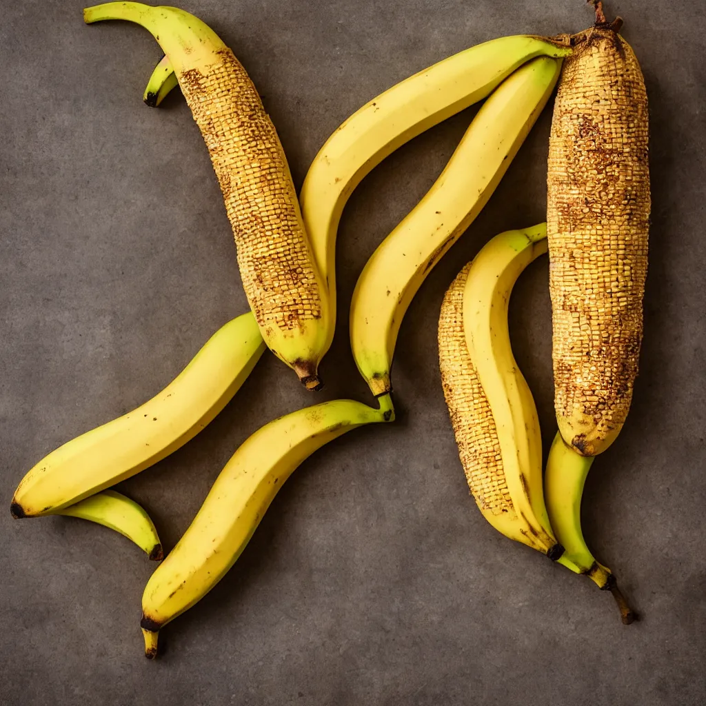 Image similar to banana in the shape of corncob, closeup, hyper real, food photography, high quality