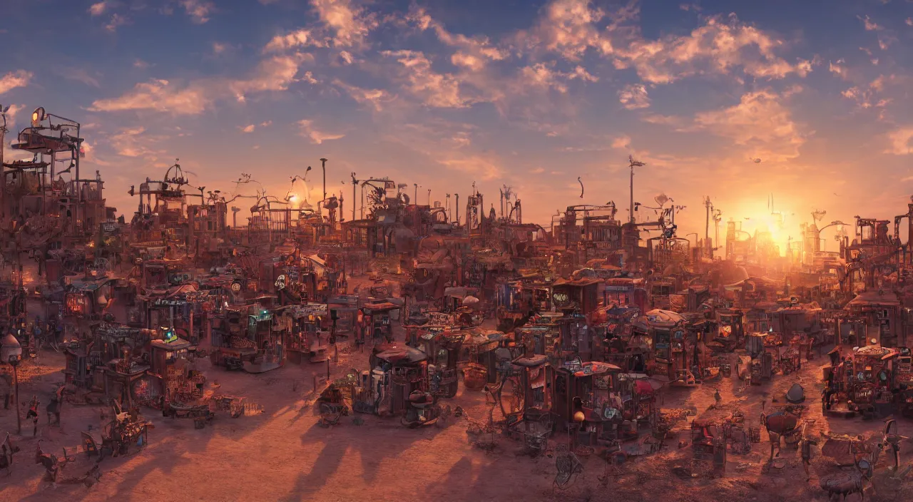 Image similar to a steampunk village in the desert at sunset, suns rays, junk everywhere, neon signs, magical atmosphere, mist, photo realistic, 35mm, octane render, 8k, guido borelli da caluso