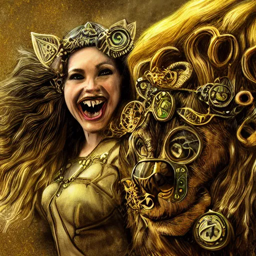 Image similar to detailed fantasy painting of steampunk Cowardly Lion from Wizard of Oz hiding from people in the Emerald City, 8k resolution