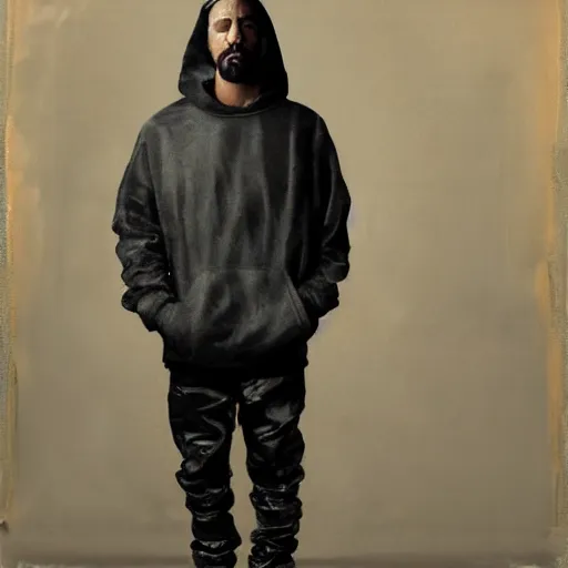 Image similar to a full body portrait of modern day jesus wearing yeezus streetwear hoodie and pants by nicola samori, oil painting, realistic, 8 k, kanye style