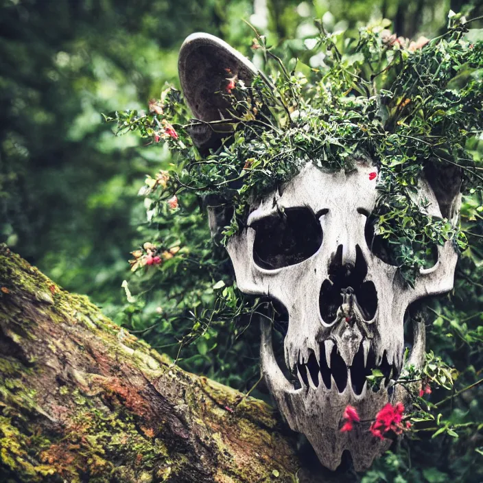 Prompt: overgrown foliage taking over a realistic wolf skull, close - up, 3 5 mm, f 1. 8, bokeh, beautiful, lens flare, emotional, sweet, flowers, detailed, picture, artstation, award - winning