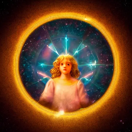 Image similar to Angel in the universe, surrounded by a light circle, glowing, high saturation, cinematic light effect, realistic, adding detail, rococo style, high definition