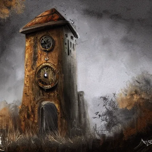 Image similar to an abandoned old,rusty, claimed by nature clock tower in a dark enormous cave, painting, illustration, Concept art, art station, DeviantArt