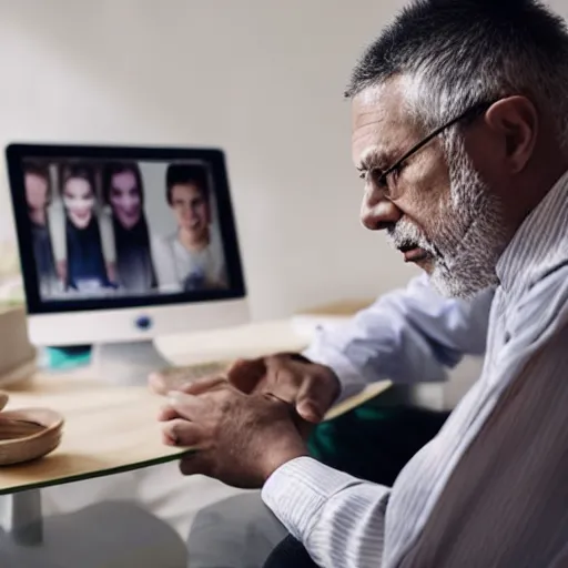 Prompt: “a psychiatrist sitting in an empty room looking at pictures of his patients on a computer”