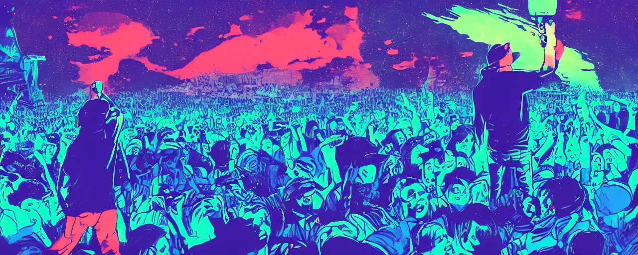 Image similar to rapping into microphone, silhouette, huge crowd, outrun, hip hop, digital art, Aurora borealis, trending on Artstation, professional artist, detailed, 4k