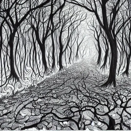 Prompt: beautiful forest illustration, 4k detailed, black ink on white paper, fantasy, white space in center