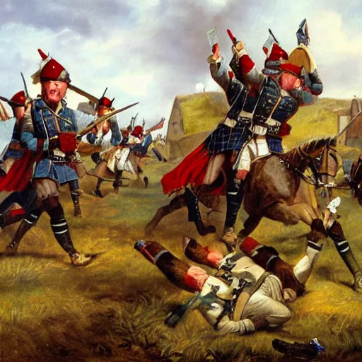 Prompt: Jacobite scottish soldiers charging at british redcoats detailed oil painting