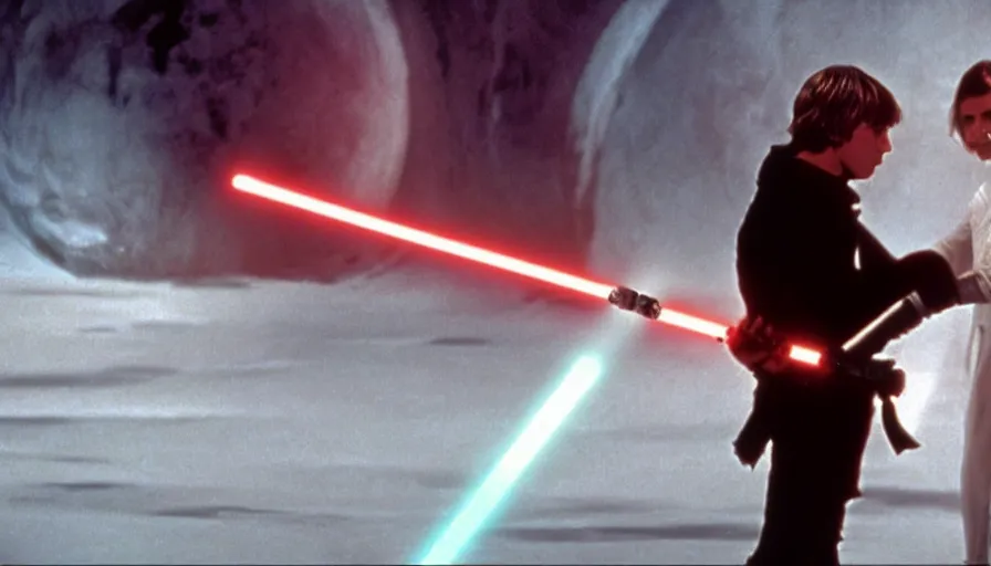 Image similar to screenshot portrait of Luke Skywalker and Princess Leia, with the lightsabers ignited, facing off against an incredibly haunting female sith lord in white, on a planet of maelstrom, chaos, the world of darkness, 1970s thriller film by Stanley Kubrick, iconic scene, HR Geiger design, stunning cinematography, hyper-detailed, sharp, anamorphic lenses, kodak color stock, 4k, stunning