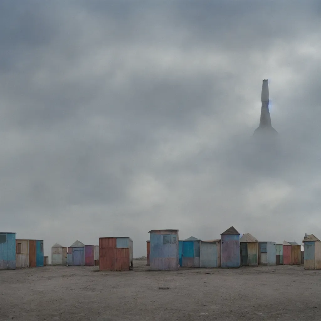 Image similar to towers made up of makeshift squatter shacks with pastel colours, plain uniform sky at the back, misty, mamiya rb 6 7, ultra sharp, very detailed, photographed by alejandro jodorowsky