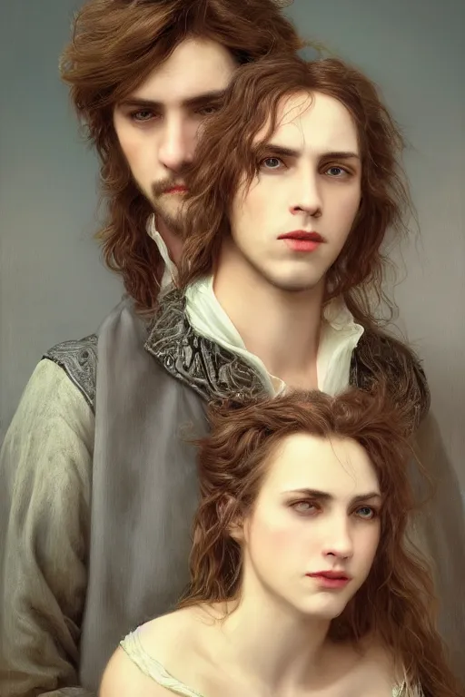 Image similar to a portrait of handsome young male rock star with long hair and his elegant beautiful bohemian wife, bored, illustration, dramatic lighting, soft details, painting oil on canvas, art nouveau, octane render, HDR, 4k, 8k, HD, by Edmund Blair Leighton, Brom, Charlie Bowater, trending on artstation, faces by Tom Bagshaw, Sargent