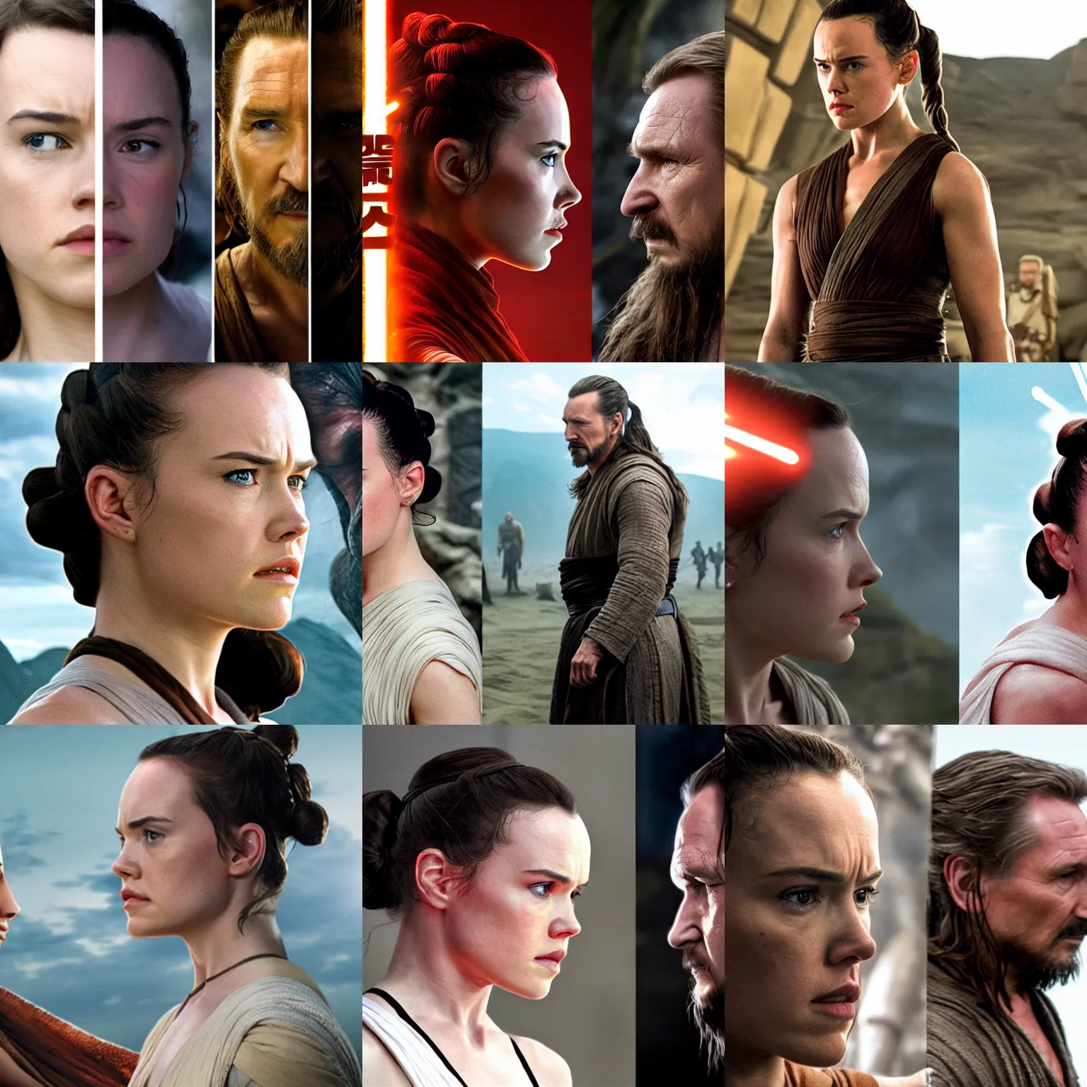 Prompt: side view of daisy ridley as rey skywalker, standing back to back with liam neeson as qui - gon jinn, star wars movie poster