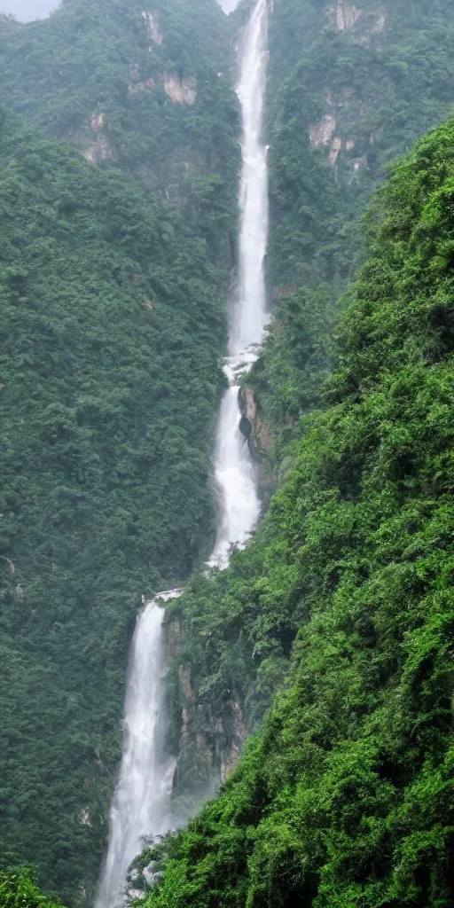 Image similar to a Cloudy peak in southern China with one waterfall, the style of National Geographic magazine