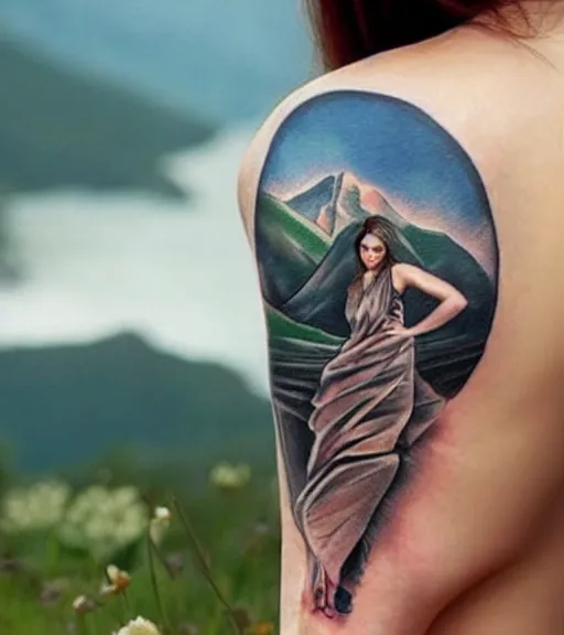 Image similar to hyper realistic tattoo design of a very beautiful woman against a background of beautiful mountains and nature, in the style of den yakovlev, amazing detail