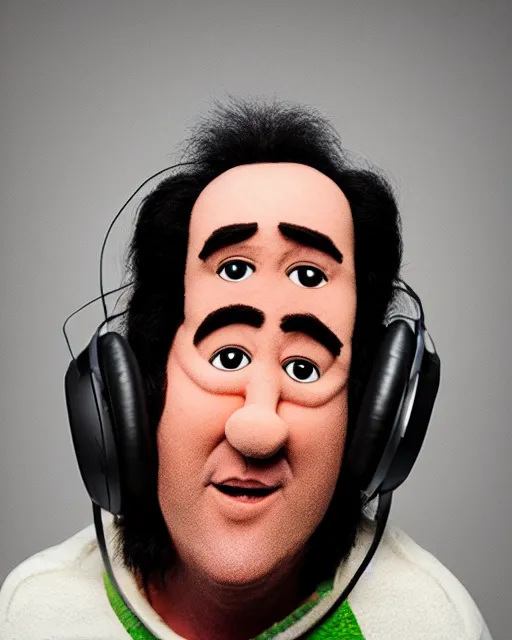 Image similar to actor Andy Kaufman as a muppet wearing noise cancellation headphones, Hyperreal, Studio Lighting