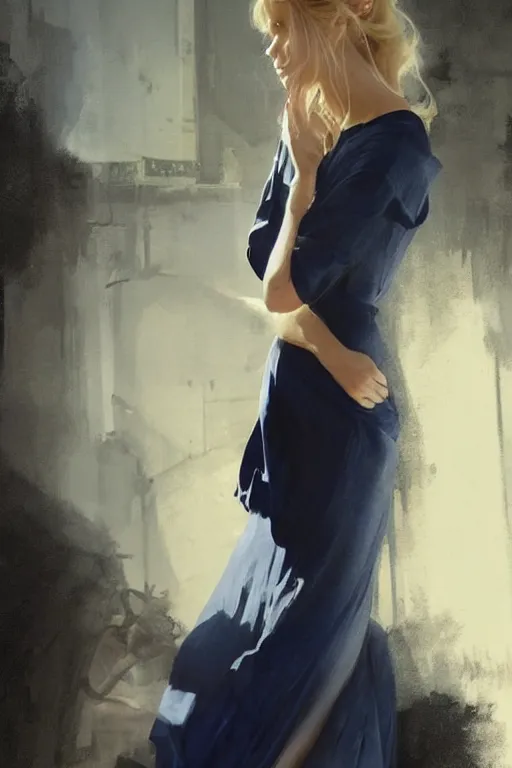 Image similar to an epic painting of a beautiful blonde wearing a navy blue dress, ornate, volumetric shading, by Greg Rutkowski and Jeremy Mann