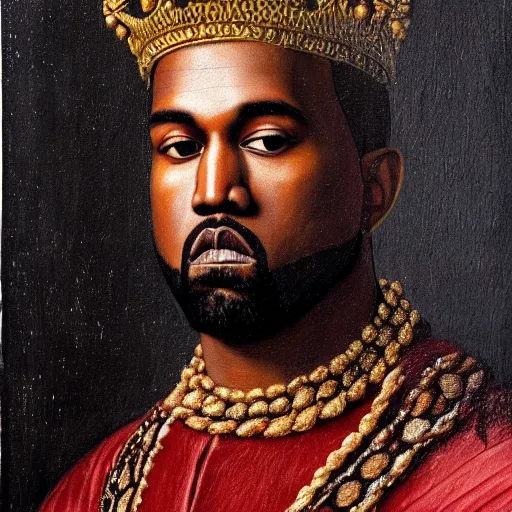 Image similar to a renaissance style portrait painting of kanye west as a king